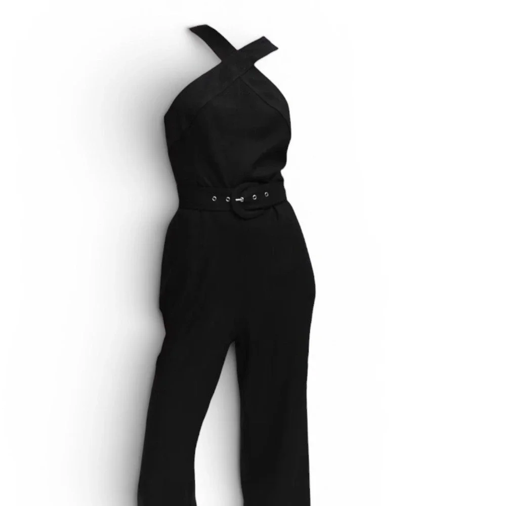 Mango MNG Halter Cross Front Jumpsuit Belted Black Linen Blend Size M Back Zip